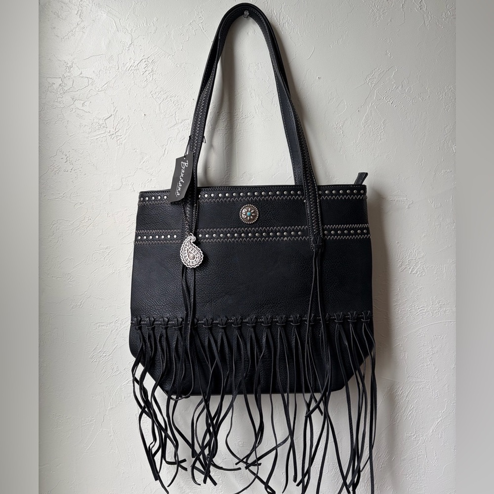 NWT Bandana By American West Black Fringe Bag Turquoise/Silver Accents